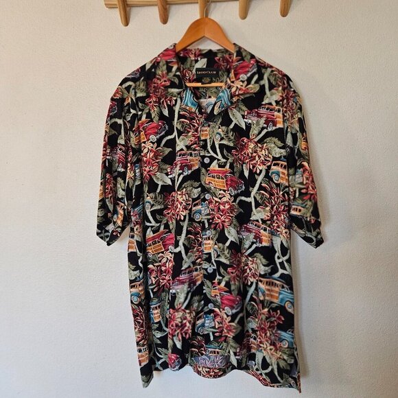 Izod Club Black Hawaiian Shirt L Aloha Car Print Retro 50s Style - Picture 2 of 8